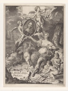 Muze en putti dragen portret van chirurgijn en dichter Govard Bidloo