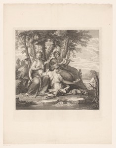 Muzen Clio, Thalia en Euterpe in een landschap