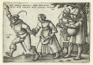 Muzikanten en dansend boerenpaar
