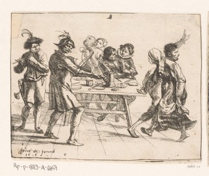 Muzikanten en dansende soldaten in een herberg