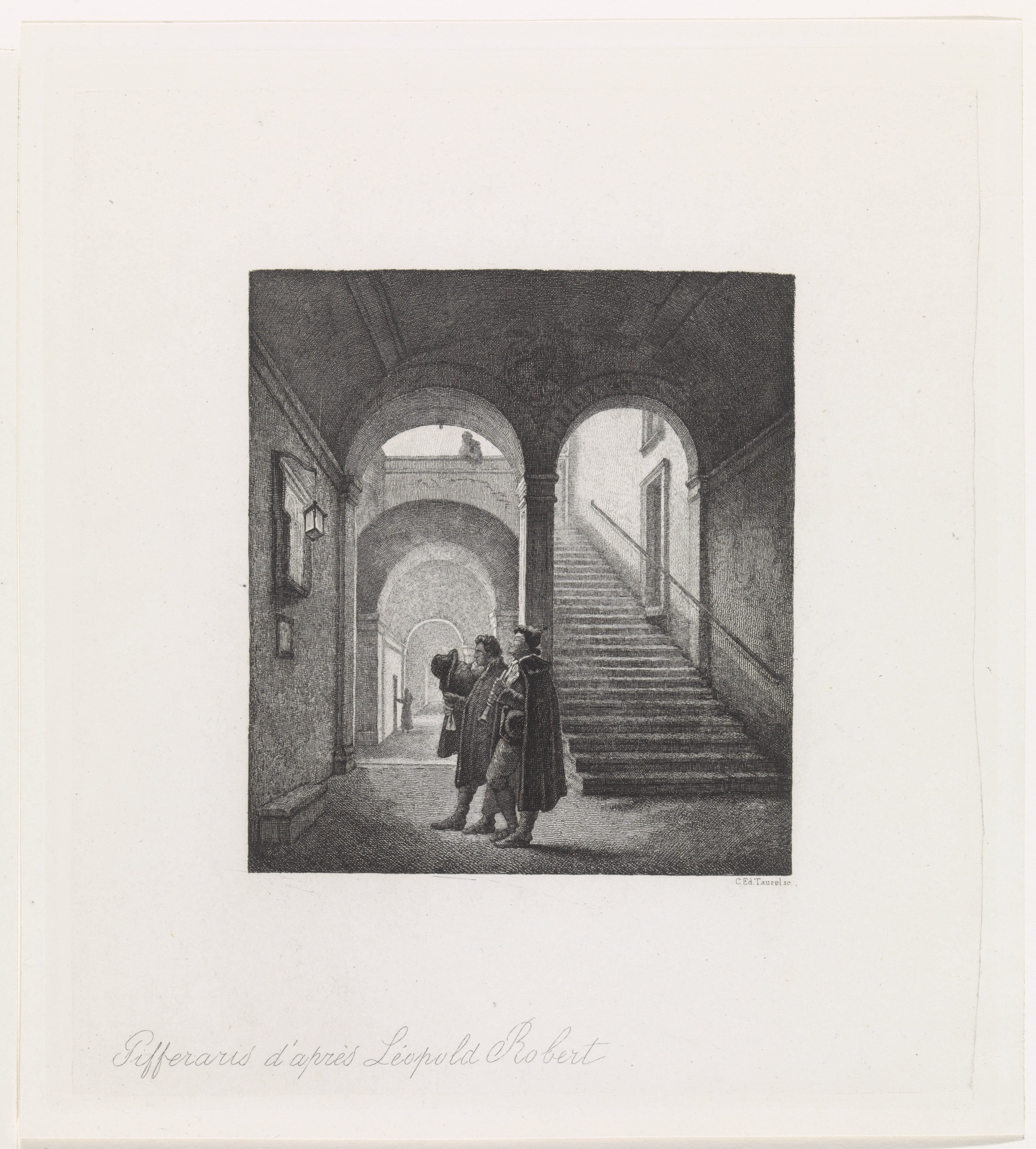 Muzikanten met doedelzak en fluit bij twee bogen by Edouard Taurel