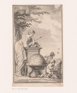 Mythologische figuur bij een wereldbol en drie bellenblazende putti