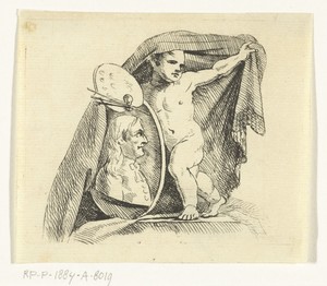 Naakt kind met schilderspalet en portret van overleden kunstenaar en rouwsluier