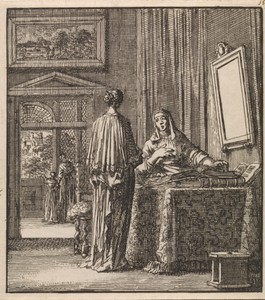 Naast een spiegel waar een vrouw in kijkt leest een andere vrouw de bijbel