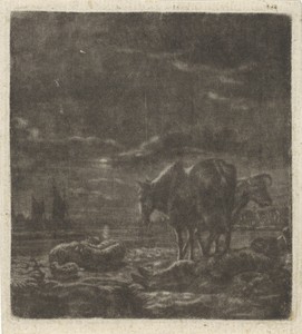 Nachtlandschap met slapende herder en vee