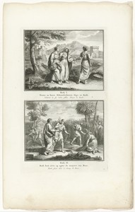 Naomi met haar schoondochters Orpa en Ruth en Ruth leest aren op het land van Boaz