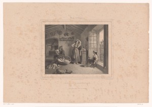 Napolitaans interieur met doedelzakspeler, baby en twee vrouwen