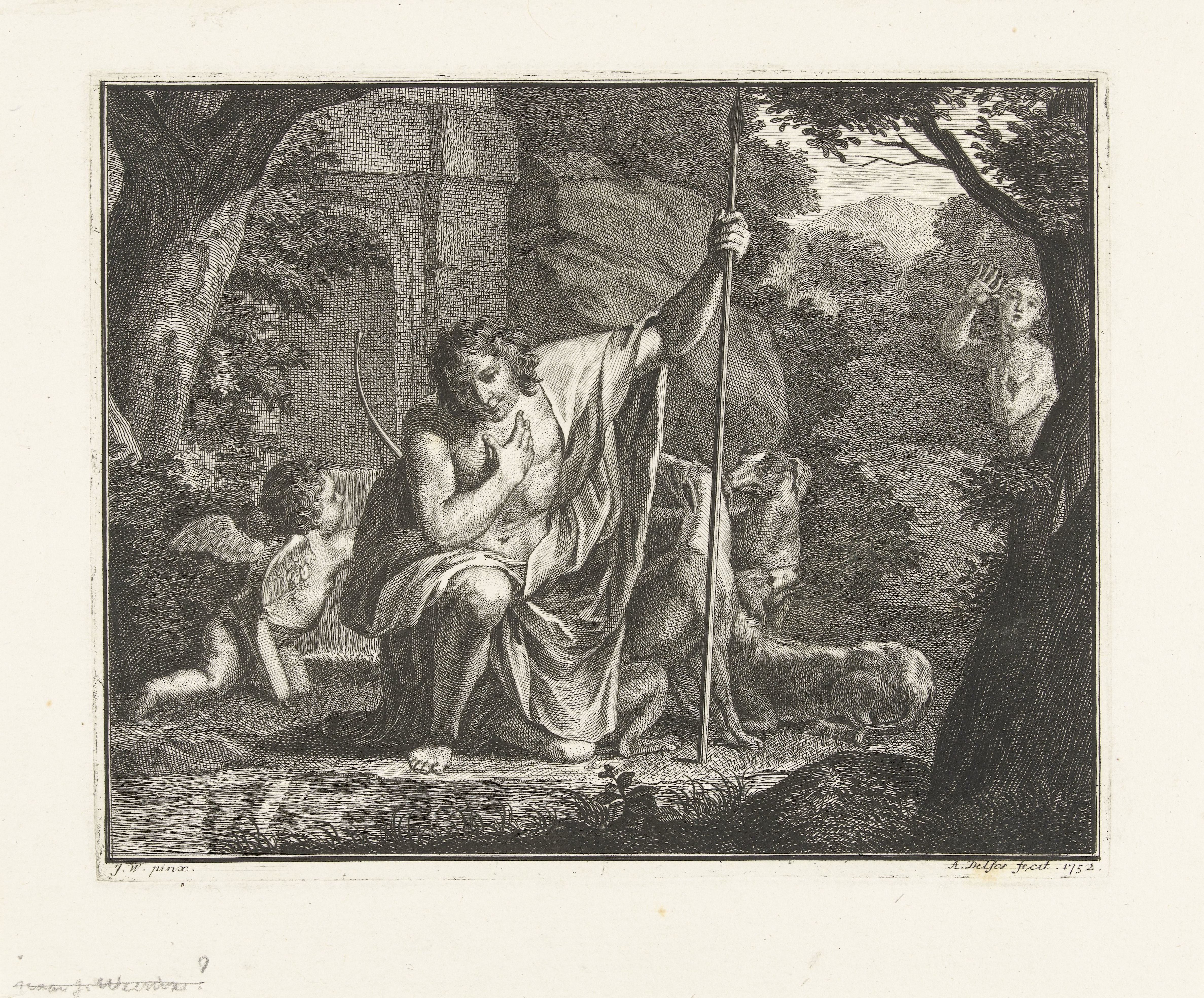 Narcissus kijkend naar zijn spiegelbeeld in het water by Abraham Delfos