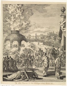 Nebukadnezar in verwondering over de aanwezigheid van drie jongelingen in de vurige oven