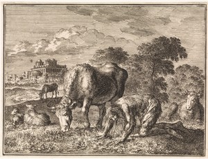 Nebukadnezar kruipt te midden van het vee over de grond
