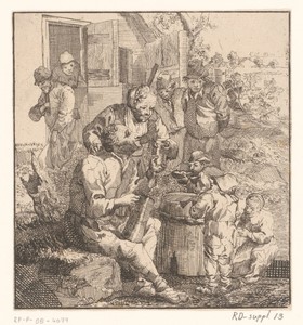 Negen figuren aan de ingang van een huis