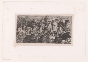 Negen figuren in historische kledij op een rij