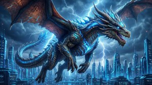 Neon Blue Dragon Over City