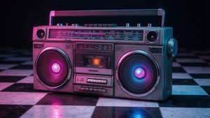 Neon Boombox on Checkered Floor