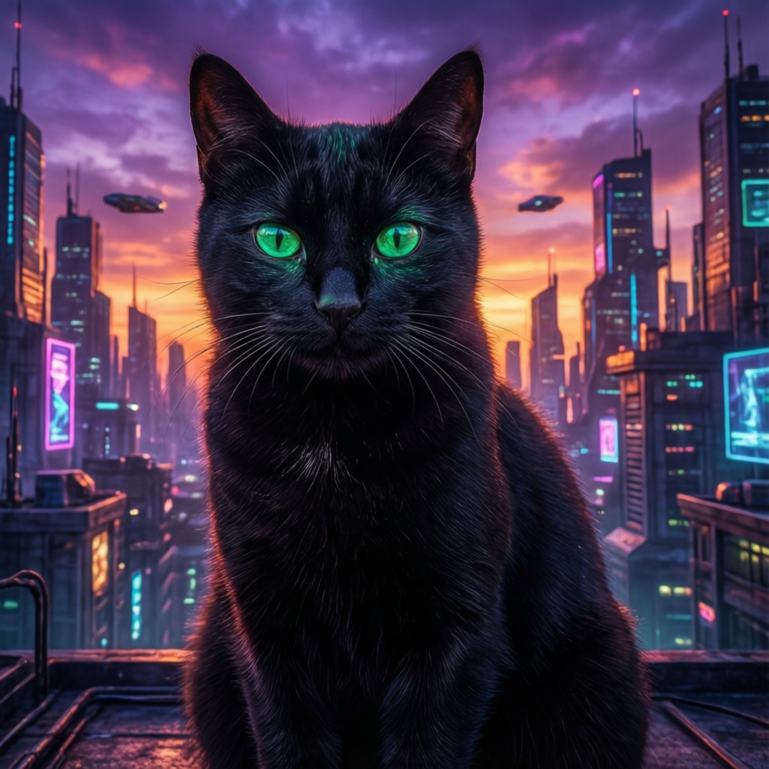 Neon Cat Rooftop Glow by Wallpapers.art Studio