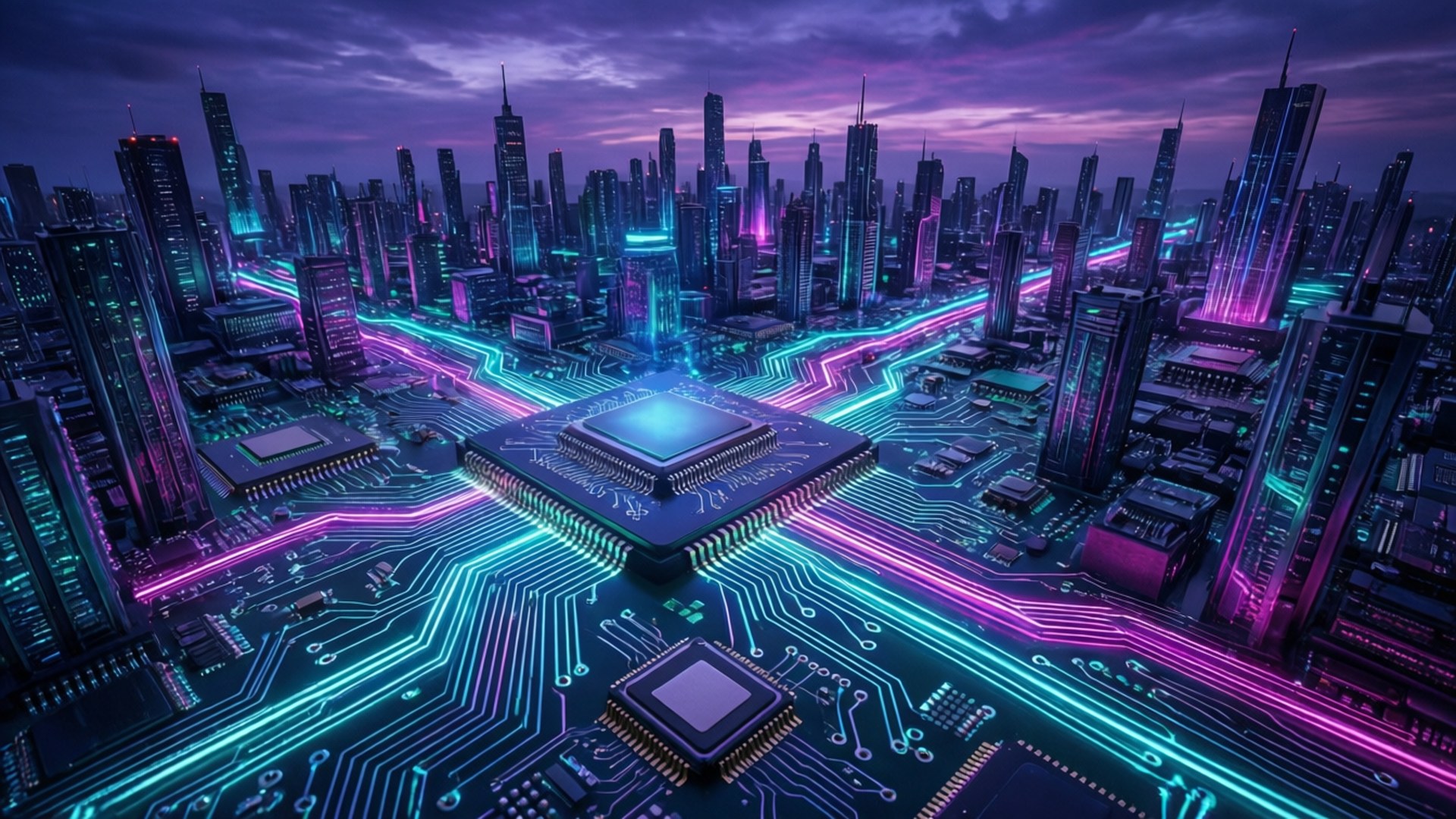 Neon Circuit Metropolis by Wallpapers.art Studio