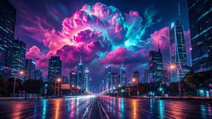 Neon City Under Clouds