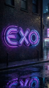 Neon Exo on Wet Street