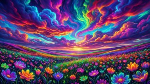 Neon Flowers and Swirling Clouds