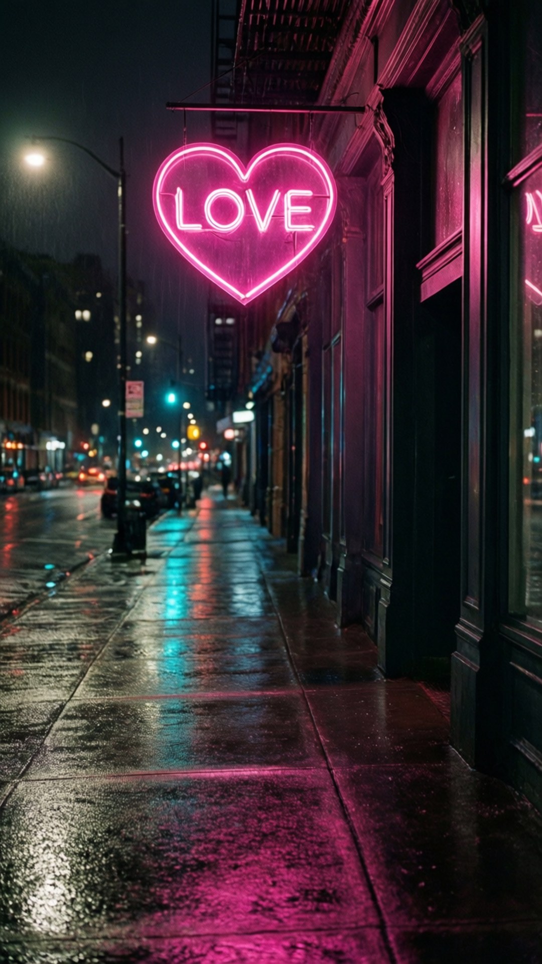 Neon Heart in Rain by Wallpapers.art Studio