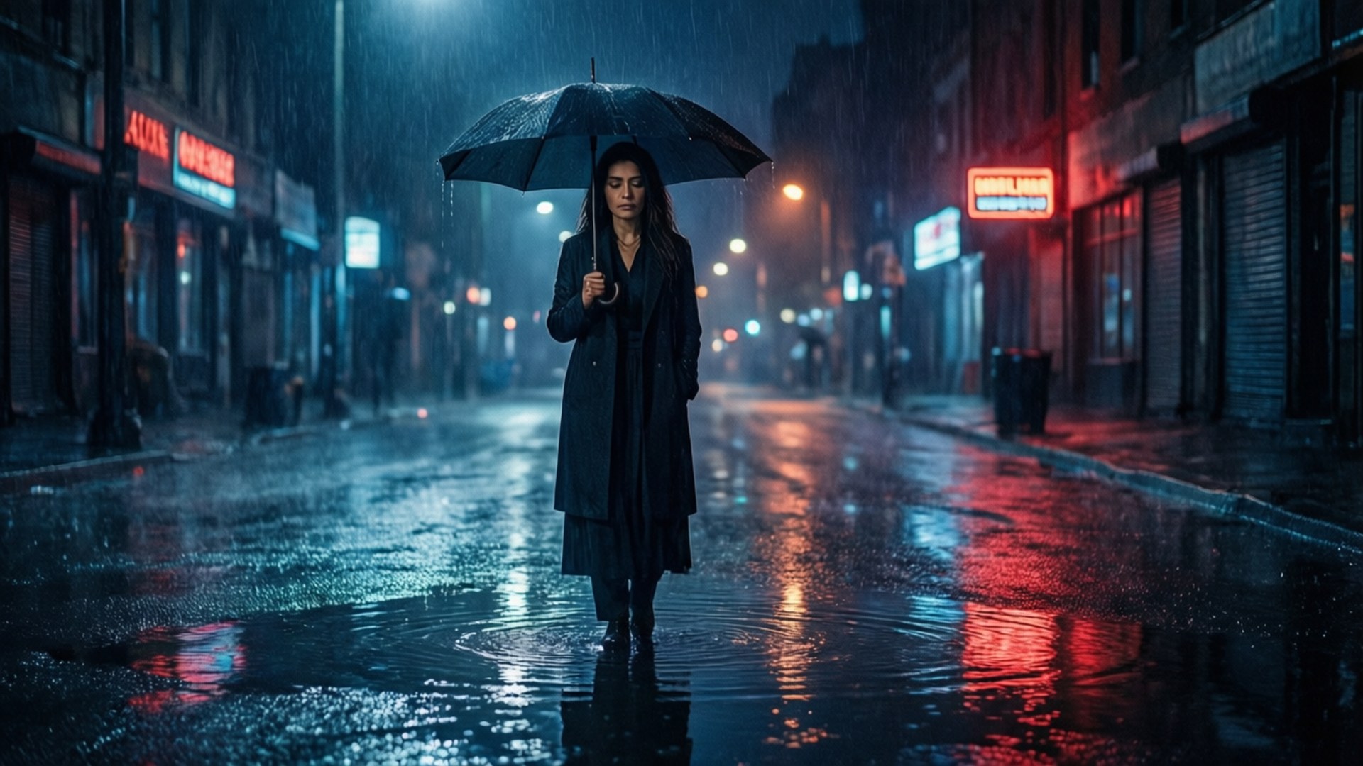 Neon Rainy Night Solitude by Wallpapers.art Studio