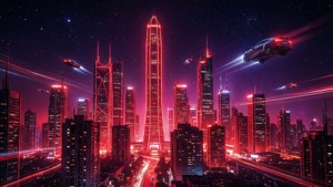 Neon Red Cyberpunk Skyline