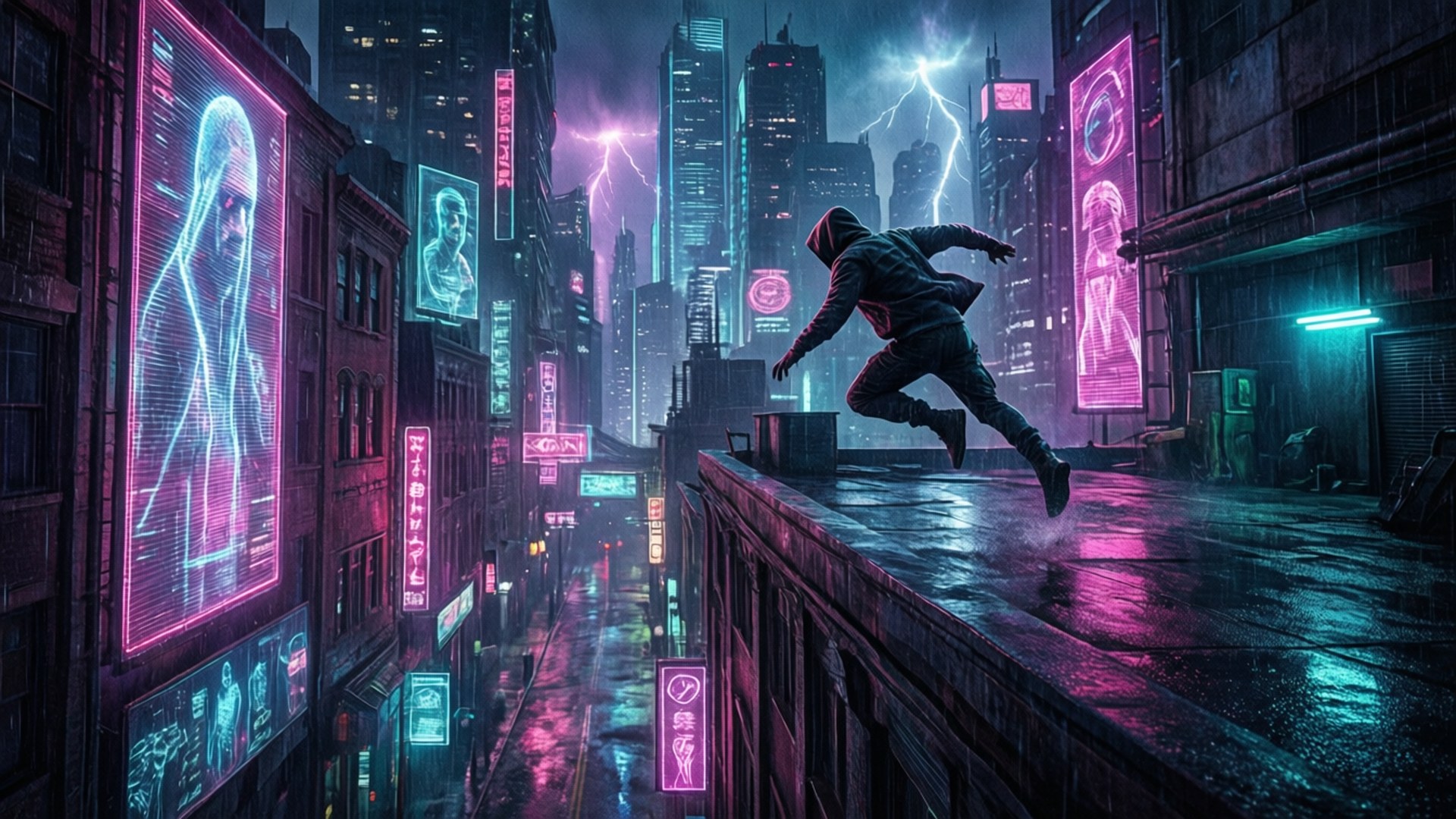 Neon Rooftop Chase by Wallpapers.art Studio