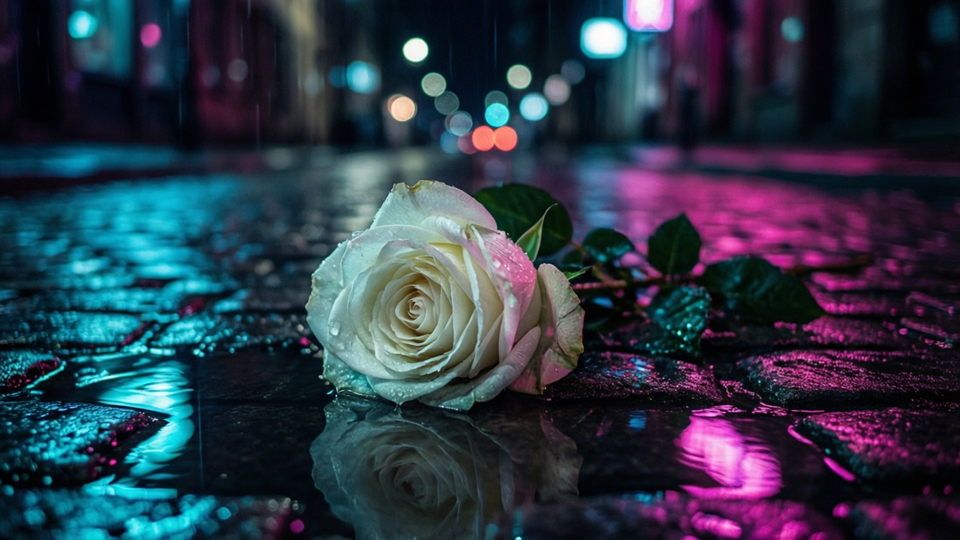 Neon Rose on Cobblestone by Wallpapers.art Studio