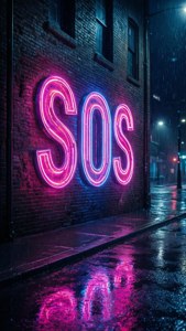 Neon SOS Sign Brick Wall