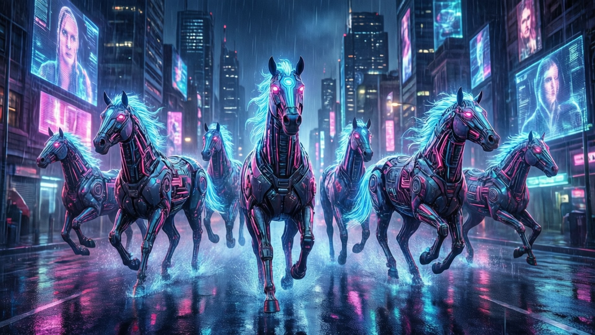 Neon Stallions of the Future by Wallpapers.art Studio