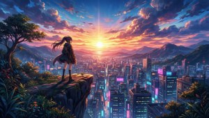 Neon Sunset Over City