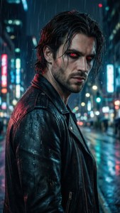 Neon Vampire in Rain