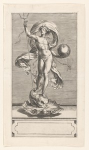 Neptunus met drietand en globe staand op een dolfijn