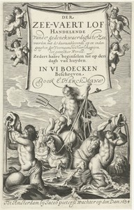Neptunus staand op schelp getrokken door paarden temidden van zeewezens, boven hem houden vier putti doek met titel vast
