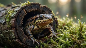 Newt Emerging from Hollow Log