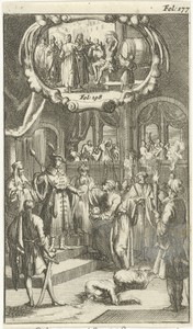 Nicephorus, keizer der Grieken, door de Wallachen overwonnen en onthoofd / Diogenes overgiet zich in de winter met koud water