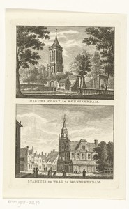 Nieuwe of Broekerpoort en toren van Grote Kerk te Monnickendam en stadhuis en Waag te Monnickendam