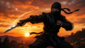 Ninja Throwing Kunai Sunset