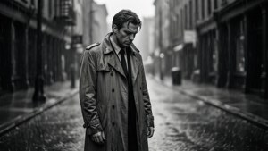 Noir Thinker in Rain