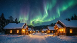 Northern Lights Over Snowy Village