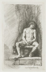 Nude man seated before a curtain