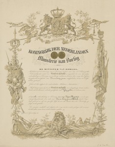 Officiële aankondiging voor de eervolle onderscheiding met de gouden medaille volgens 's Konings Besluit van 1859