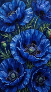 Oil Painting Blue Poppy Border