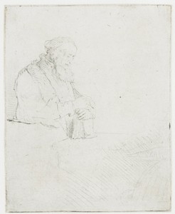 Old man in meditation, leaning on a book