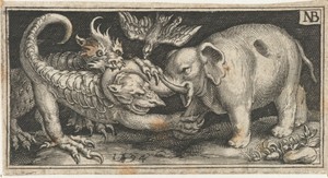 Olifant in gevecht met fantasiewezens