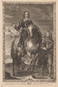 Oliver Cromwell in een harnas op een paard