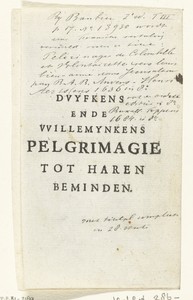 Omlijsting met titel en bladornamenten en twee vrouwen gekleed als pelgrims