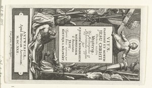 Omlijsting voor titel met Christuskind en dode Christus en engelen bij passiewerktuigen