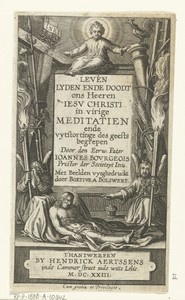 Omlijsting voor titel met Christuskind en dode Christus en twee engel bij passiewerktuigen