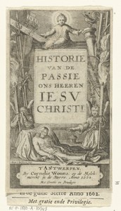 Omlijsting voor titel met Christuskind en dode Christus en twee engelen bij passiewerktuigen